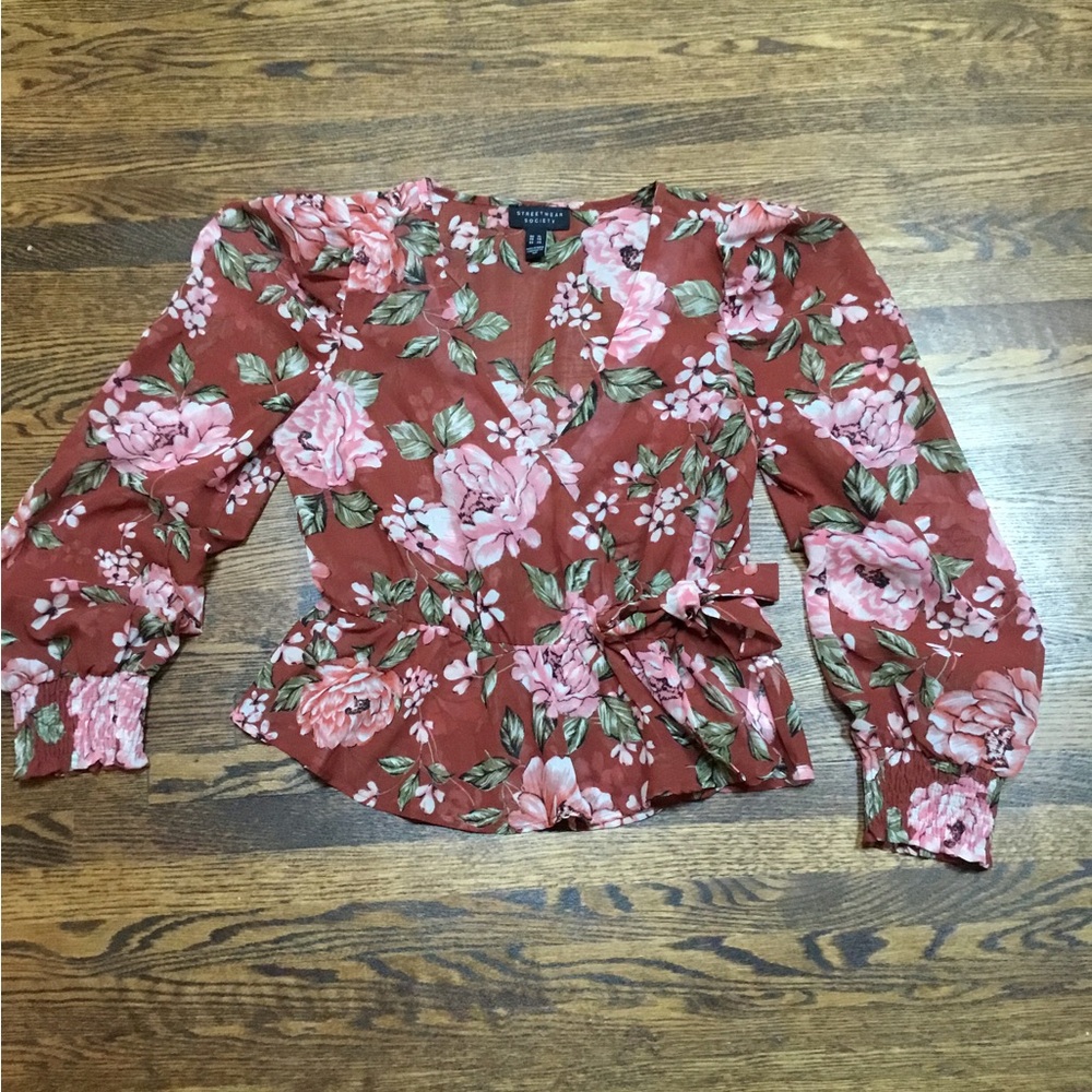 Pink and Rust Floral Chiffon Peplum Blouse
